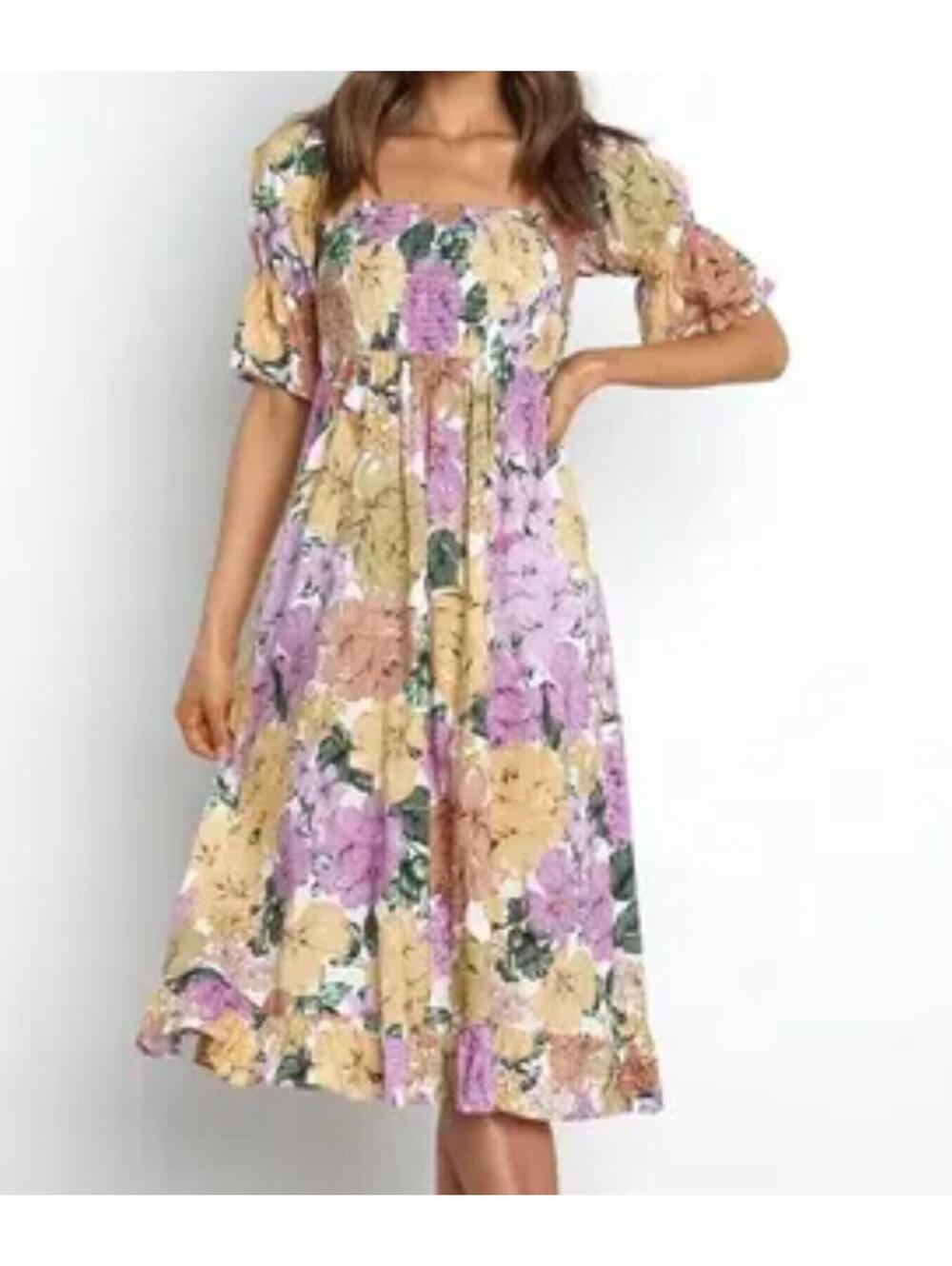 GIRL AND THE SUN purple yellow muted floral short sleeve midi dress sz L